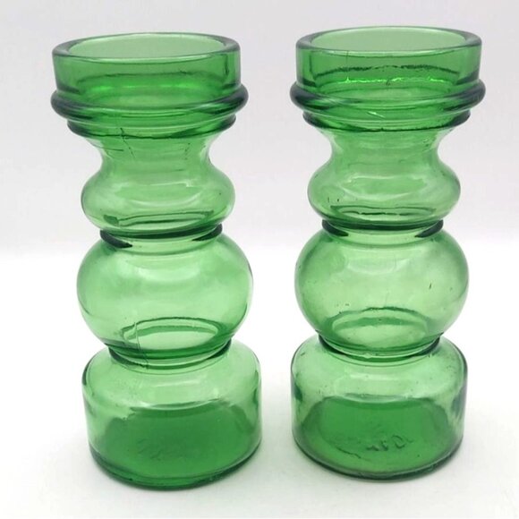 Vintage MCM Italian Green Pressed Glass Candle Holders Vases Signed Set Of 2 - Picture 1 of 9